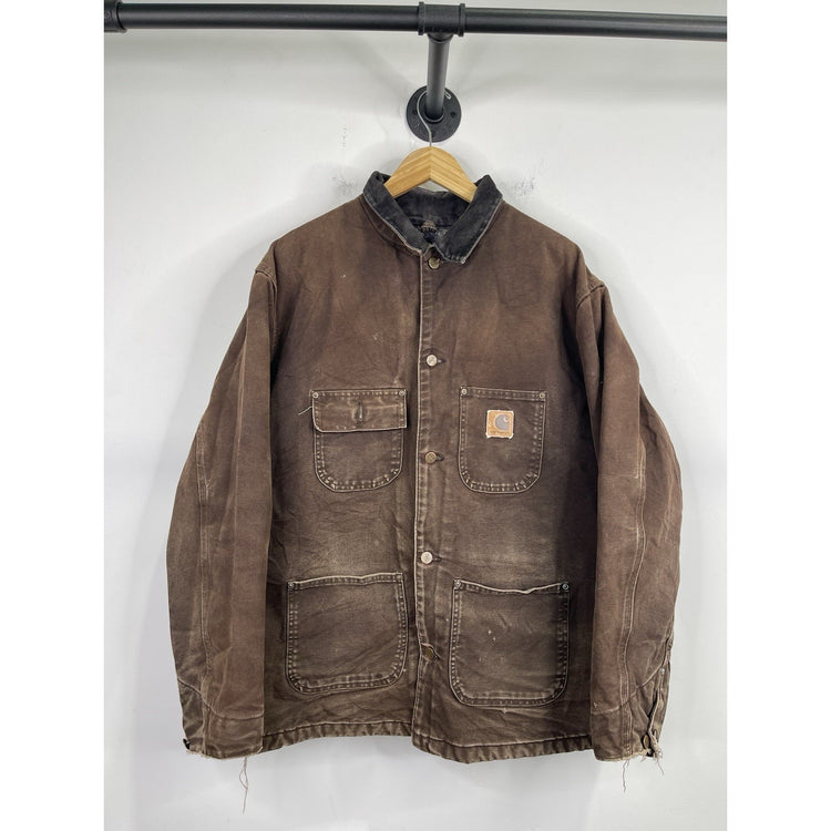 Vintage Y2K Carhartt Blue Plaid Lined Distressed Brown Chore Men’s Coat Size XL