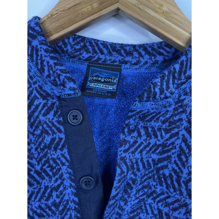 Men’s Patagonia Sweater Blue Abstract Pattern Fleece Quarter Button Sz M