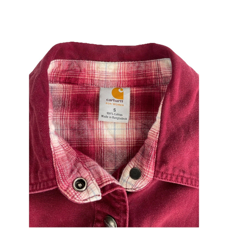 Womens Carhartt Red Denim Flannel Lined Jacket With Snap Buttons Size Small