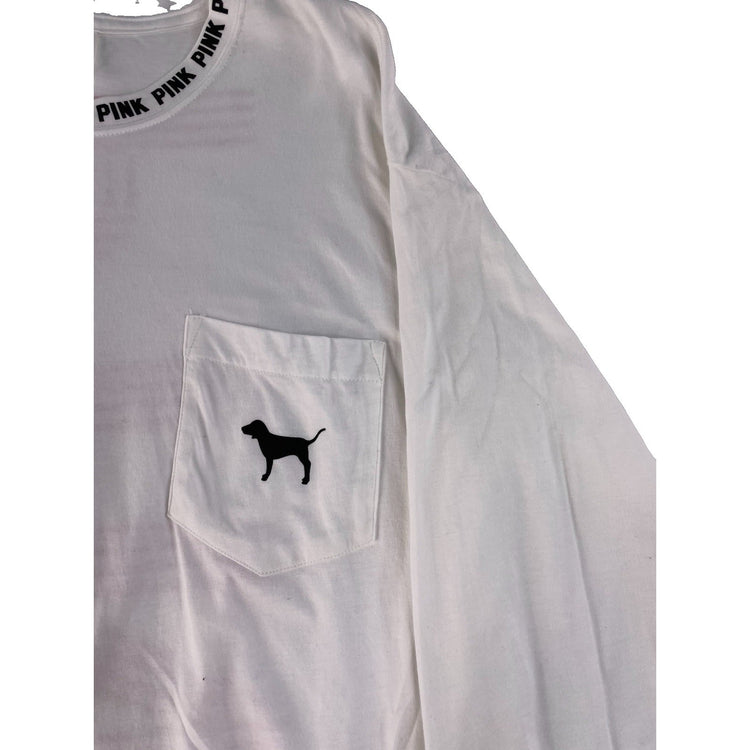 Women's Victoria's Secret PINK White Long-Sleeve Pocket T-Shirt, Size S
