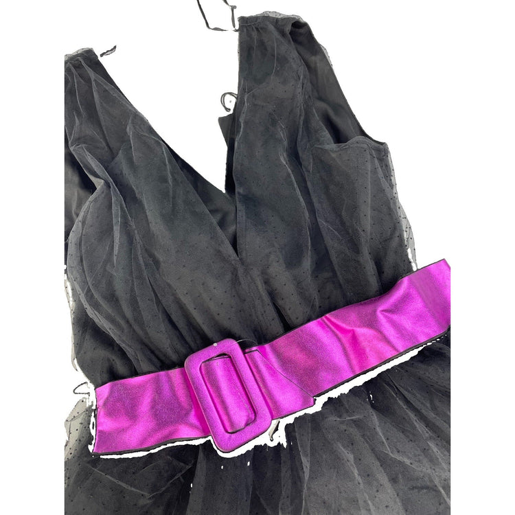 Women's ZARA Black Polka Dot Mesh Ruffle Dress with Pink Belt Size M