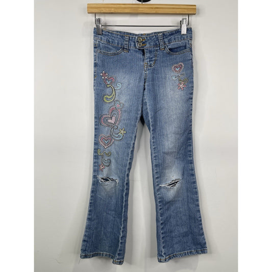 Vintage Y2K Youth Blue Heart Light Wash Embroidered Denim Bootcut Jeans Sz 8