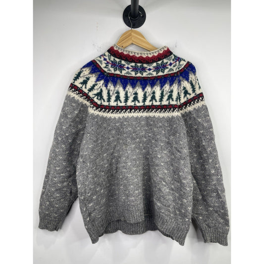 VTG Eddie Bauer Sweater Men Sz L Gray Blue Red Green Christmas Wool Long Sleeve