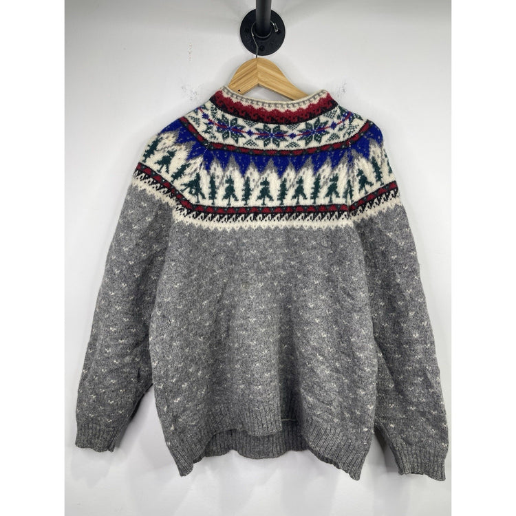 VTG Eddie Bauer Sweater Men Sz L Gray Blue Red Green Christmas Wool Long Sleeve