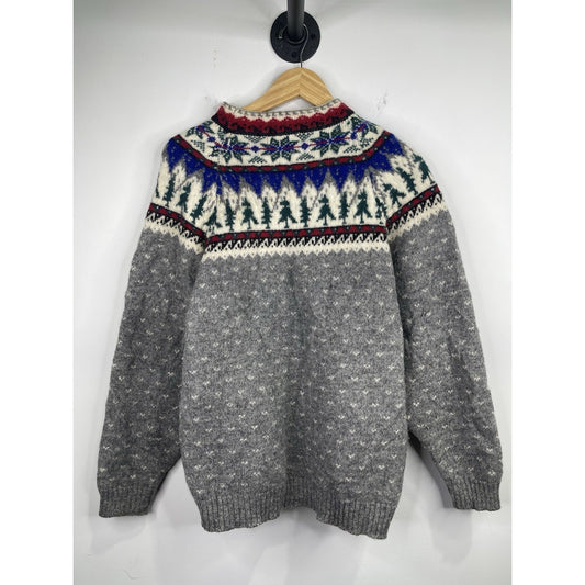 VTG Eddie Bauer Sweater Men Sz L Gray Blue Red Green Christmas Wool Long Sleeve