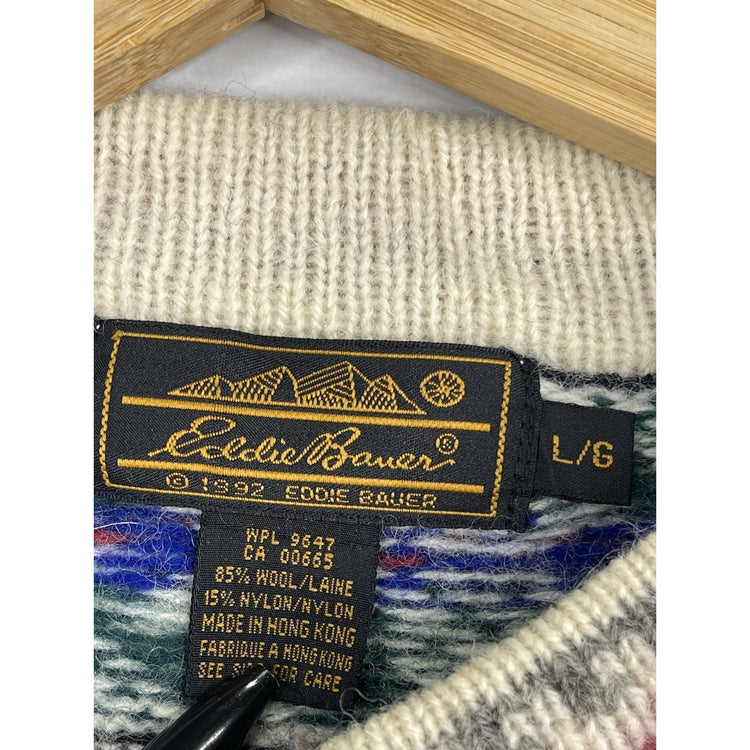 VTG Eddie Bauer Sweater Men Sz L Gray Blue Red Green Christmas Wool Long Sleeve