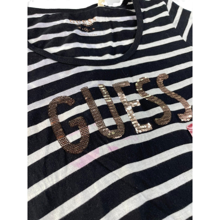 Women's GUESS Los Angeles Black and White Striped Sequin Logo T-Shirt Size M