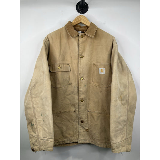 VTG Carhartt Jacket Mens Beige Chore Coat Blue Plaid Lined Distressed Sz XL