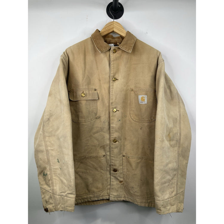 VTG Carhartt Jacket Mens Beige Chore Coat Blue Plaid Lined Distressed Sz XL