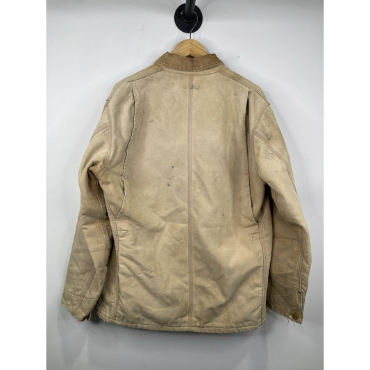 VTG Carhartt Jacket Mens Beige Chore Coat Blue Plaid Lined Distressed Sz XL
