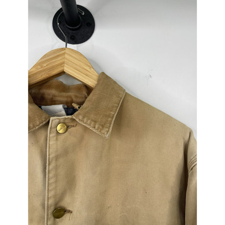 VTG Carhartt Jacket Mens Beige Chore Coat Blue Plaid Lined Distressed Sz XL
