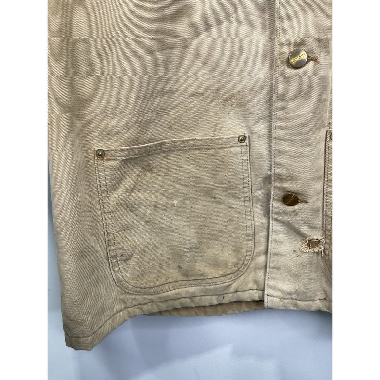 VTG Carhartt Jacket Mens Beige Chore Coat Blue Plaid Lined Distressed Sz XL