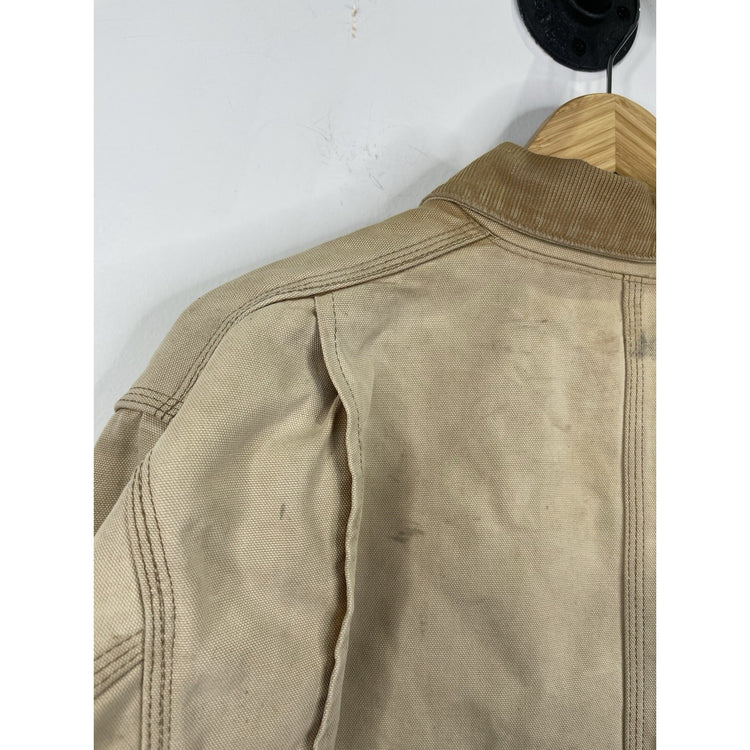 VTG Carhartt Jacket Mens Beige Chore Coat Blue Plaid Lined Distressed Sz XL