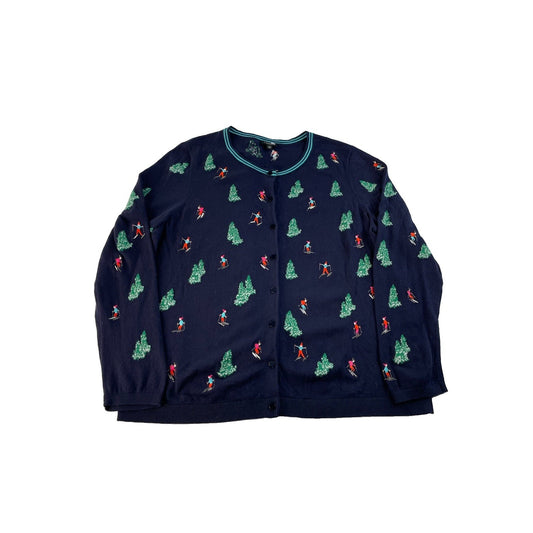 Women Talbots Navy Blue Christmas Tree and Skier Print Cardigan Sweater Size 2XP