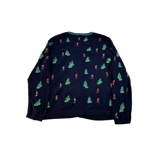 Women Talbots Navy Blue Christmas Tree and Skier Print Cardigan Sweater Size 2XP