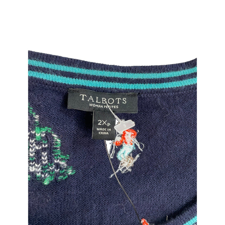 Women Talbots Navy Blue Christmas Tree and Skier Print Cardigan Sweater Size 2XP