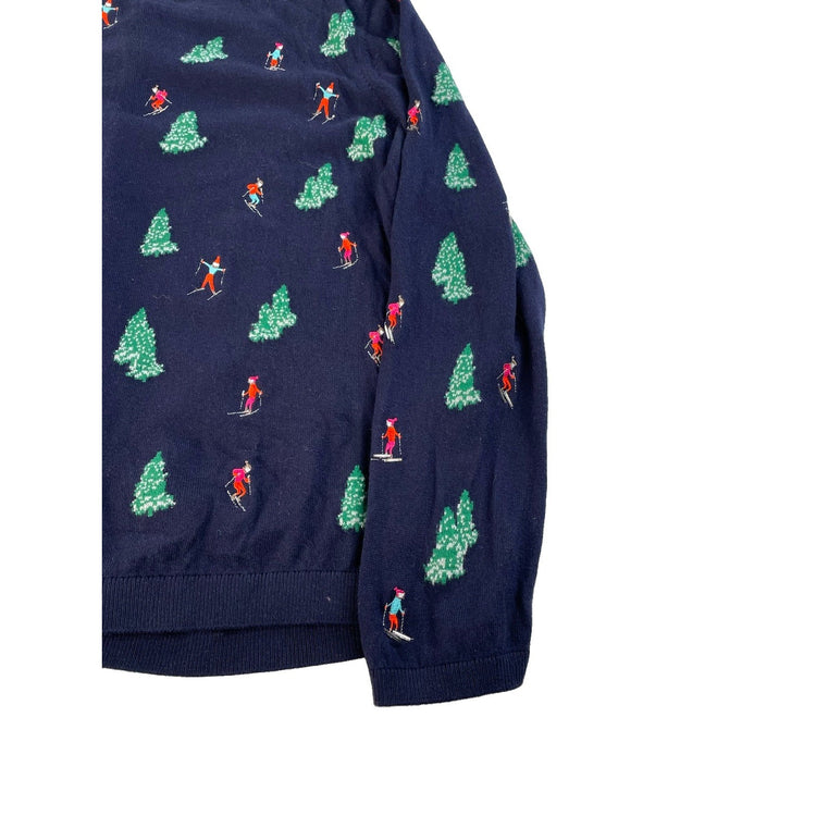 Women Talbots Navy Blue Christmas Tree and Skier Print Cardigan Sweater Size 2XP