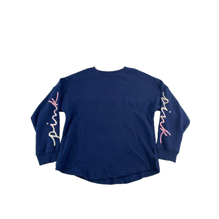 WomenPINK Victoria Secret Navy Blue Crewneck Sweatshirt Sleeve Just Print SizeXS