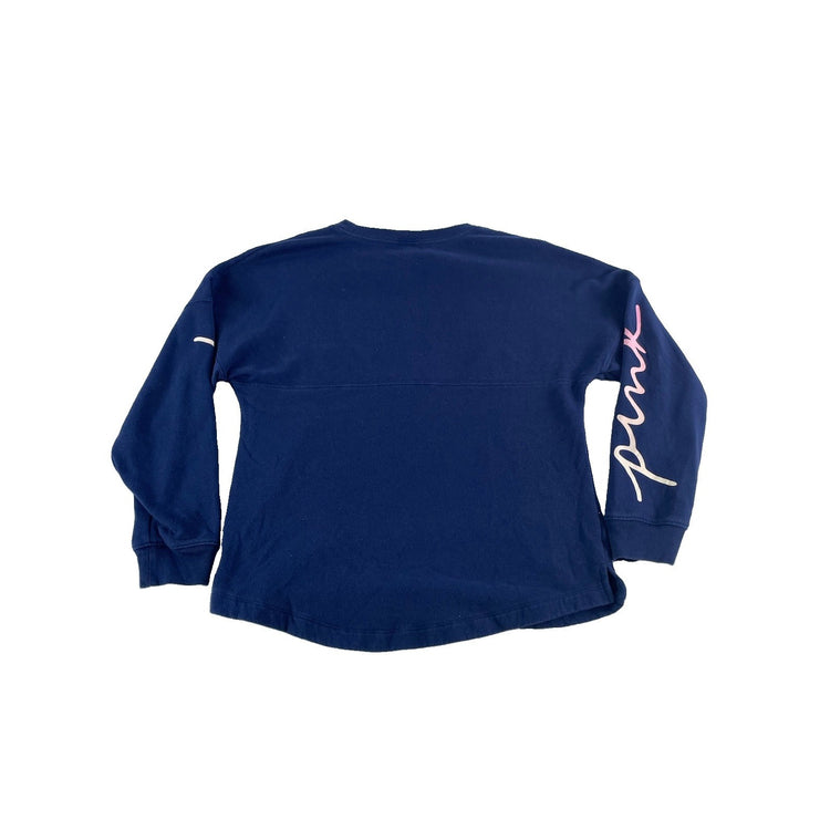 WomenPINK Victoria Secret Navy Blue Crewneck Sweatshirt Sleeve Just Print SizeXS