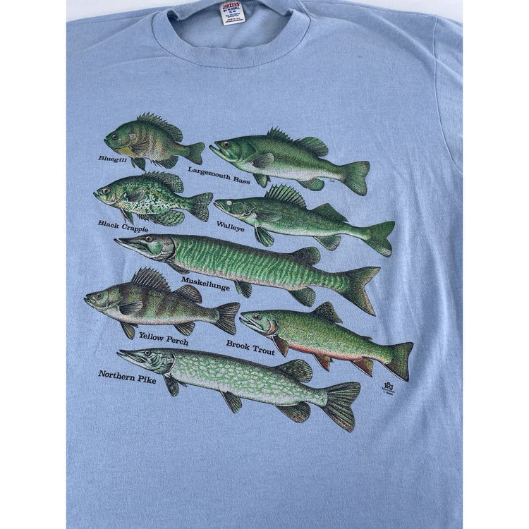Mens Vintage 90s Jerzee Fish Graphic, Boulder Jct WI Nature Fishing Shirt SizeXl