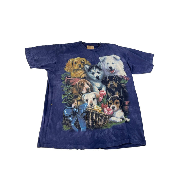The Mountain Blue Tie-Dye Puppy Dog Basket Graphic Cotton Tee Shirt Size L