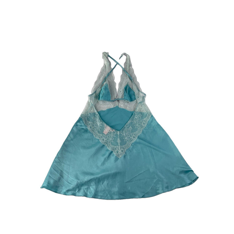 Womens Victorias Secret Blue Silk Nightgown With White Lace Size Medium
