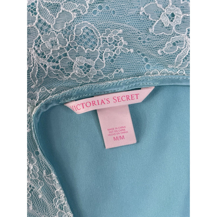 Womens Victorias Secret Blue Silk Nightgown With White Lace Size Medium