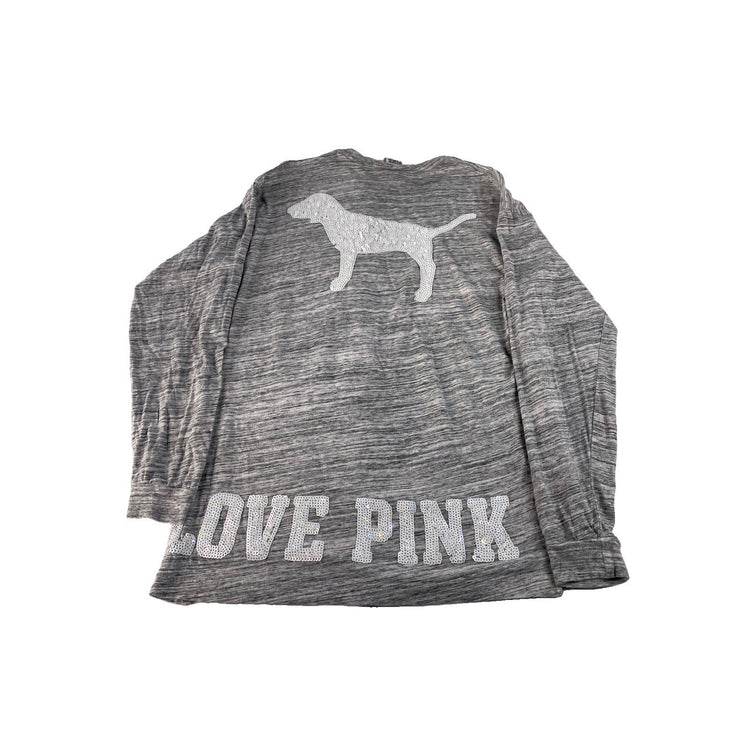 Womens PINK Victorias Secret Gray Long Sleeve T Shirt With White Sequins Size M