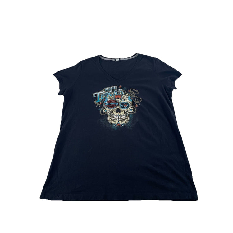 Womens Harley Davidson Black Texas Sugar Skull Graphic V Neck T Shirt Size 2XL