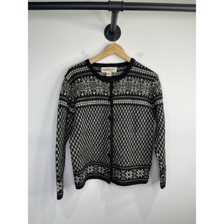 Adult VTG Crystal Kobe Cardigan Black Knit Embroidered 100% Wool Sz M
