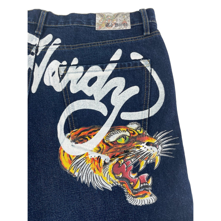 Mens Ed Hardy Tiger Graphic Dark Blue Denim Jeans Size 38