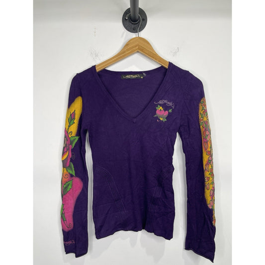 Y2K Women’s ED Hardy By Christian Audigier Purple Long Sleeve T-shirt Sz Small