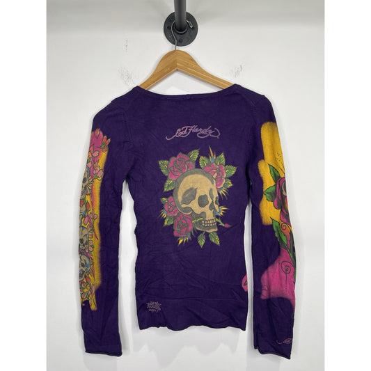 Y2K Women’s ED Hardy By Christian Audigier Purple Long Sleeve T-shirt Sz Small