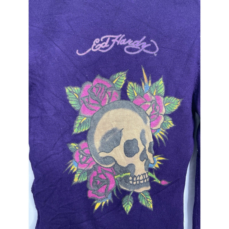 Y2K Women’s ED Hardy By Christian Audigier Purple Long Sleeve T-shirt Sz Small