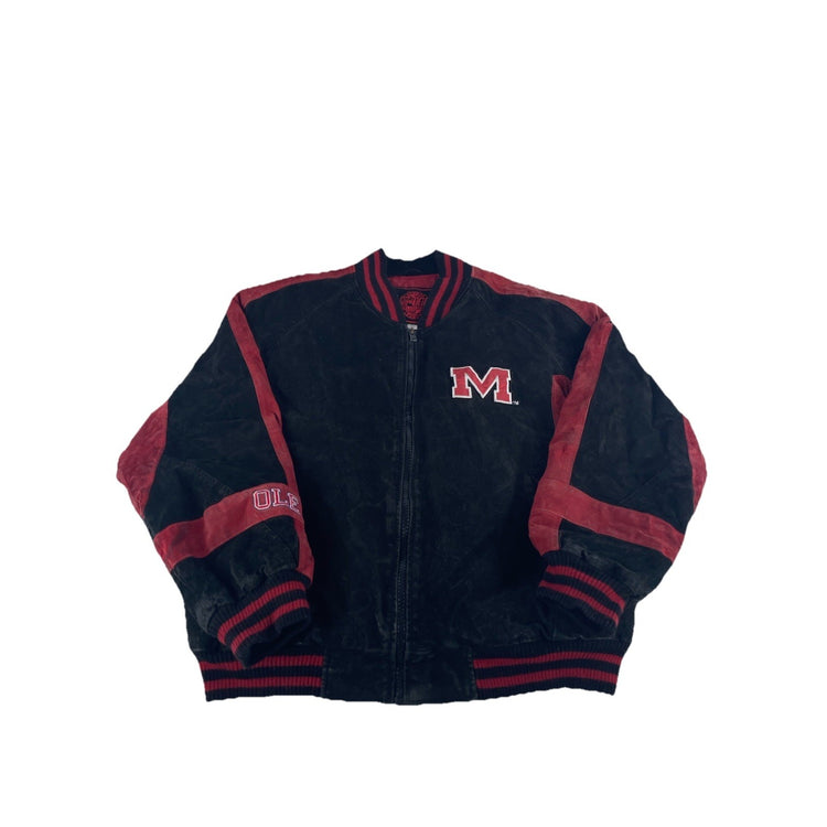 Mens Vintage Ole Miss Suede Leather Varsity Jacket Black Red Size Xl