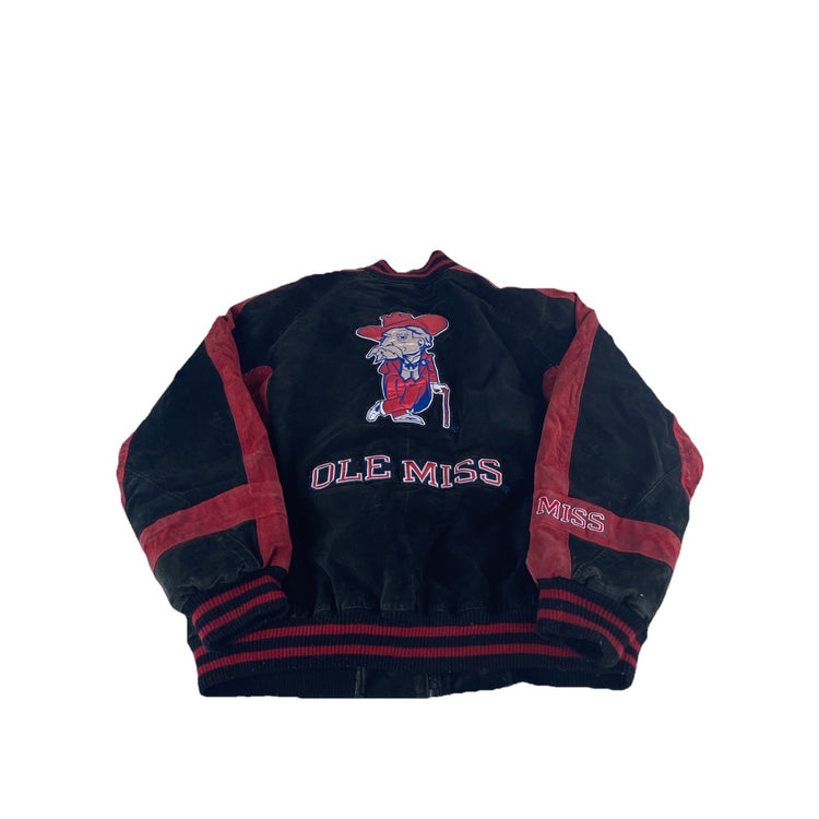 Mens Vintage Ole Miss Suede Leather Varsity Jacket Black Red Size Xl