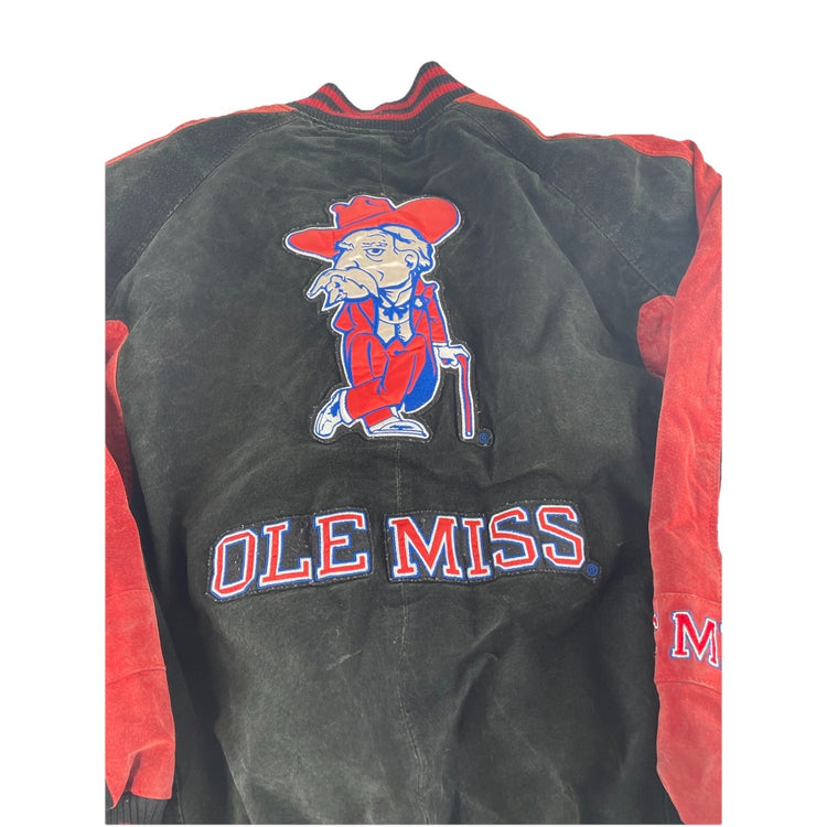 Mens Vintage Ole Miss Suede Leather Varsity Jacket Black Red Size Xl