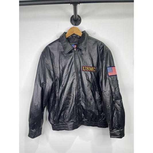 Men’s Vintage USMC Black Leather Bomber Jacket United States Marine Corps Sz M