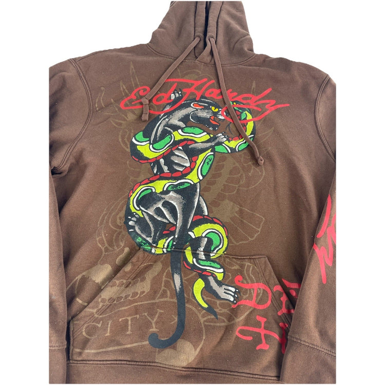 Mens Ed Hardy Brown Panther Snake Graphic Hoodie Size L