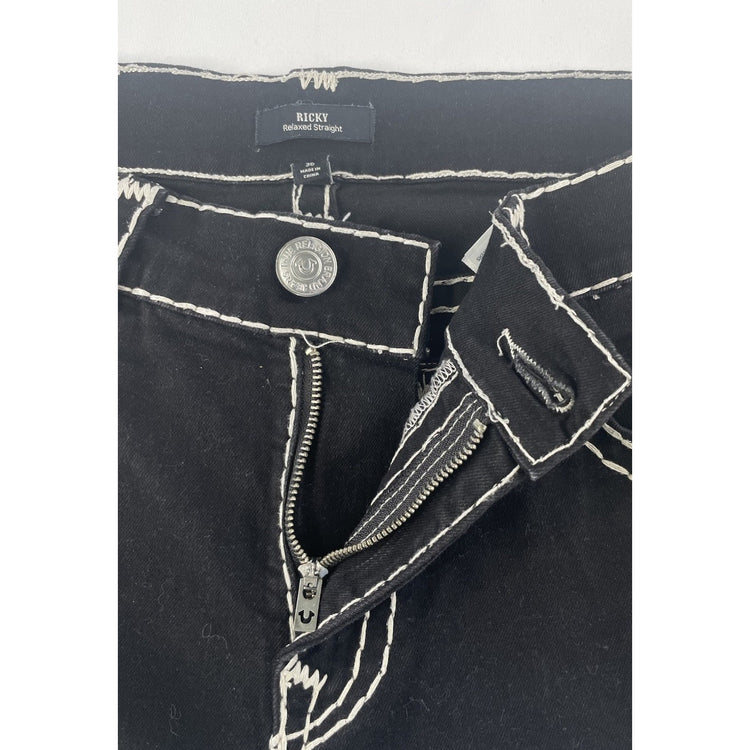 Men's True Religion Ricky Relaxed Straight Jeans Black White Stitch Size 36