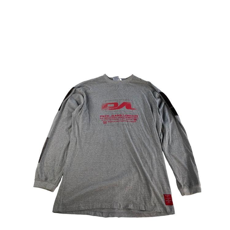Mens Pepe Jeans London Classic Long Sleeve Graphic Print Grey T-Shirt Size 2XL
