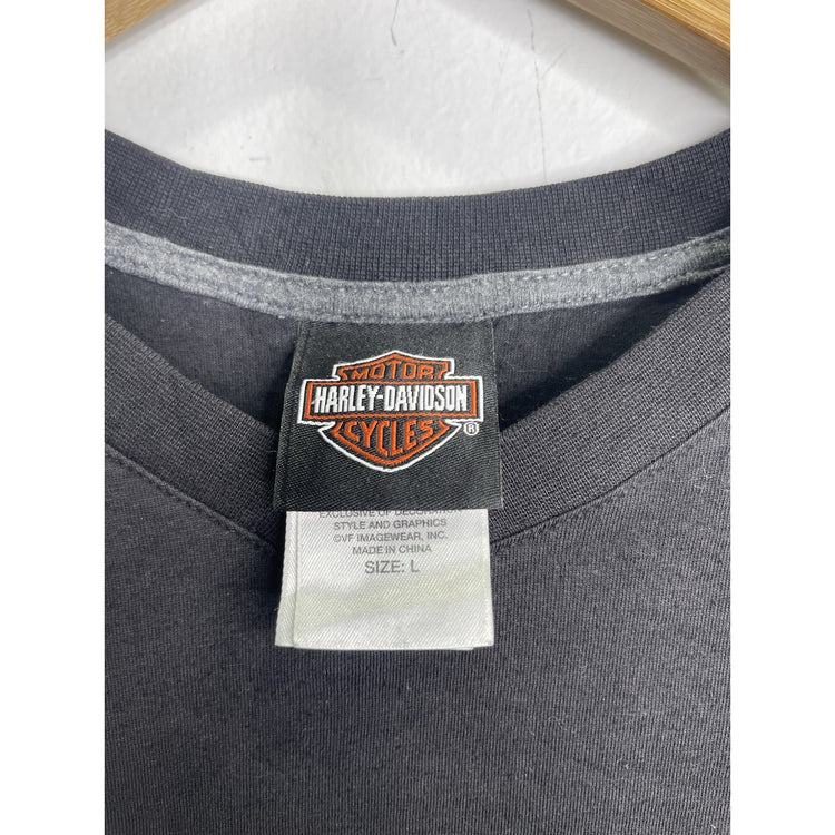 Men’s Modern V Neck Embroidered Harley Davidson Black Short Sleeve T Shirt Sz L