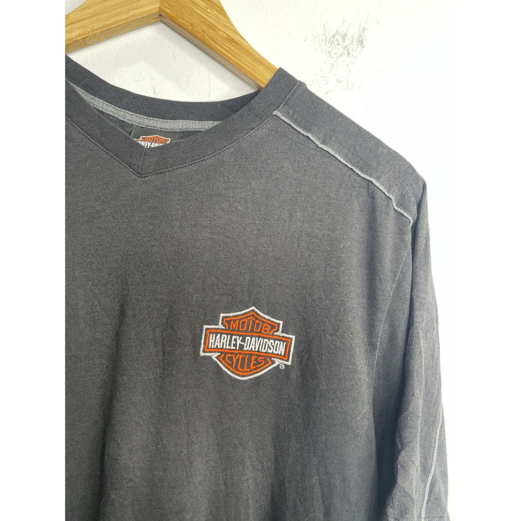 Men’s Modern V Neck Embroidered Harley Davidson Black Short Sleeve T Shirt Sz L