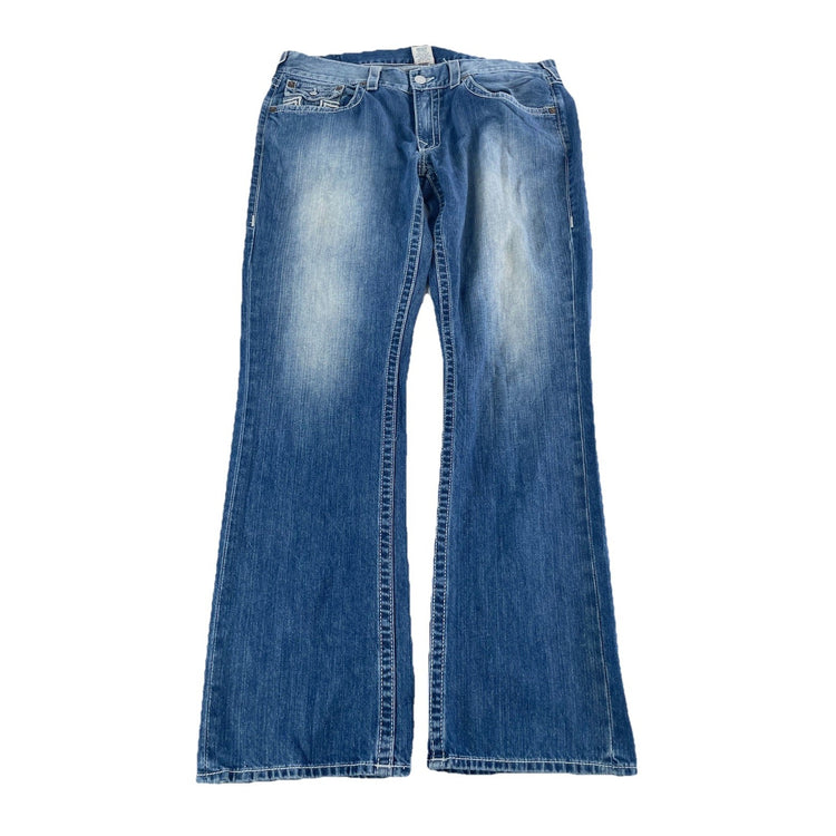 Men's True Religion Straight Fit Jeans Blue Wash White Stitch Size 38