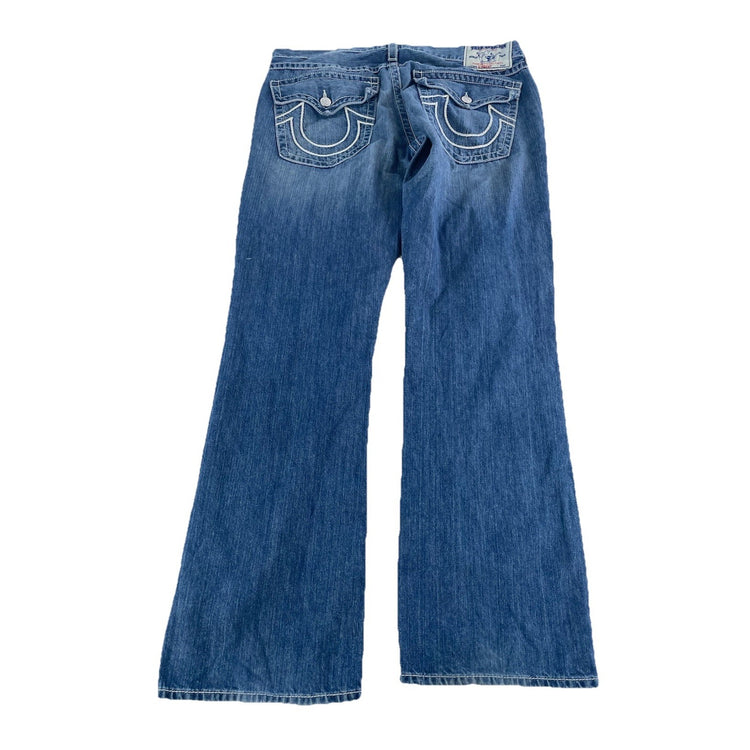 Men's True Religion Straight Fit Jeans Blue Wash White Stitch Size 38