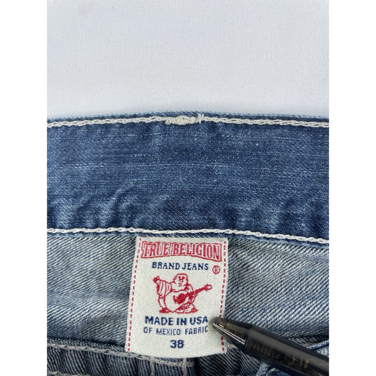 Men's True Religion Straight Fit Jeans Blue Wash White Stitch Size 38
