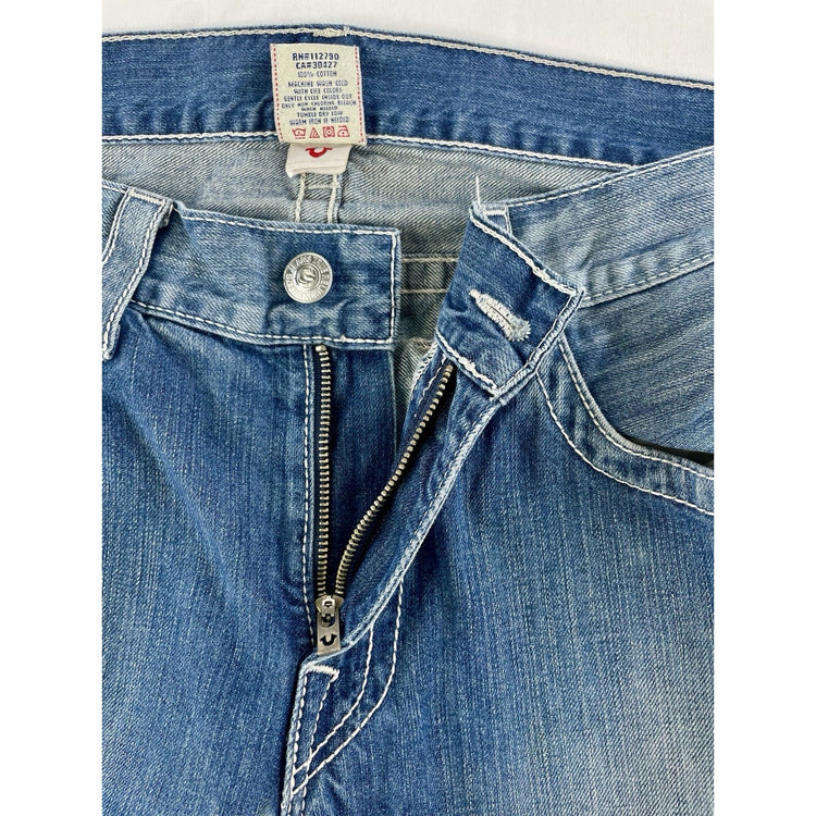 Men's True Religion Straight Fit Jeans Blue Wash White Stitch Size 38