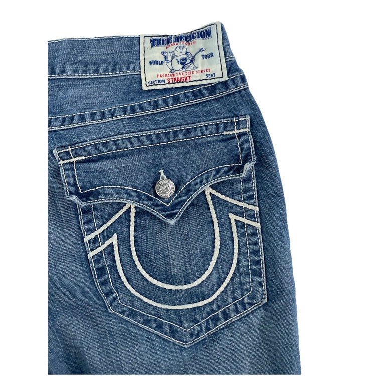 Men's True Religion Straight Fit Jeans Blue Wash White Stitch Size 38