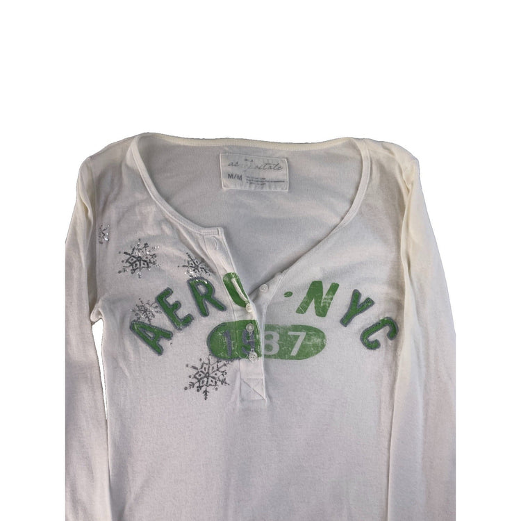 Womens Y2K Aéropostale White Long Sleeve Snowflake Shirt Size Medium
