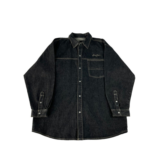 Men Vintage Sean John Black Contrast Stitch Baggy Denim Button Up Shirt SIZE 2XL